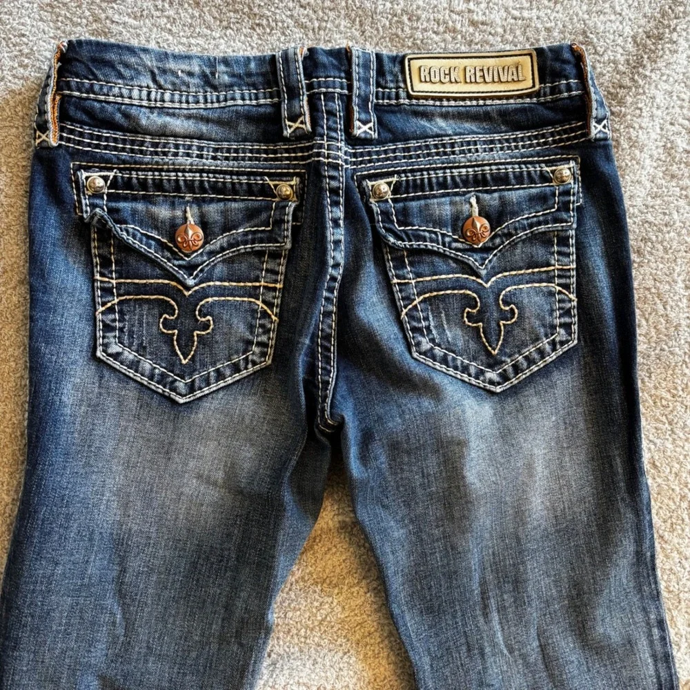 Rock Revival Jessica Skinny Jeans Dark Wash Flap Pocket Sz 29 Faded Whisker Y2k